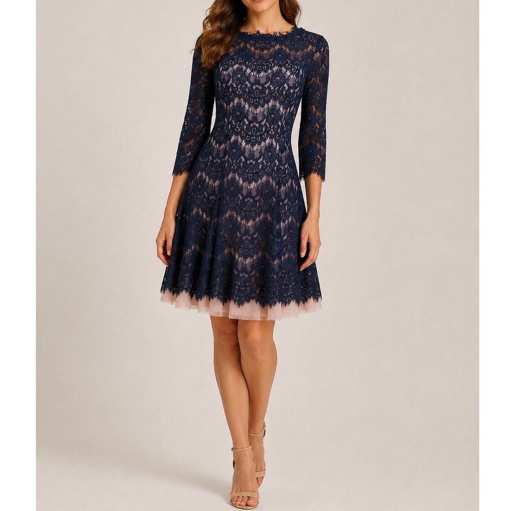 Betsy & Adam Blue Lace Open Back Fit & Flare Cocktail Dress Size 8